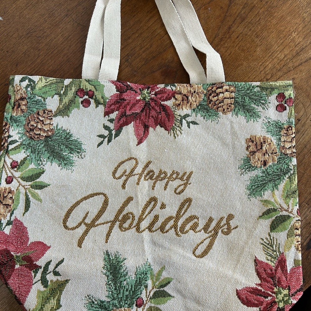 Festive Holiday Tote with Red and Green Accents has some sparkle in fabric